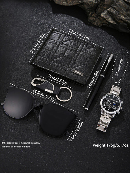 5 pieces/set of fashionable and all - matching men's watch set + wallet + glasses + key chain + pen birthday gift set - SMARTMARTNZ