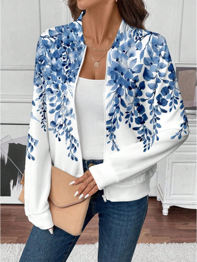 ROSE Women's Casual Tropical Palm Leaf Print Zip-Up Jacket