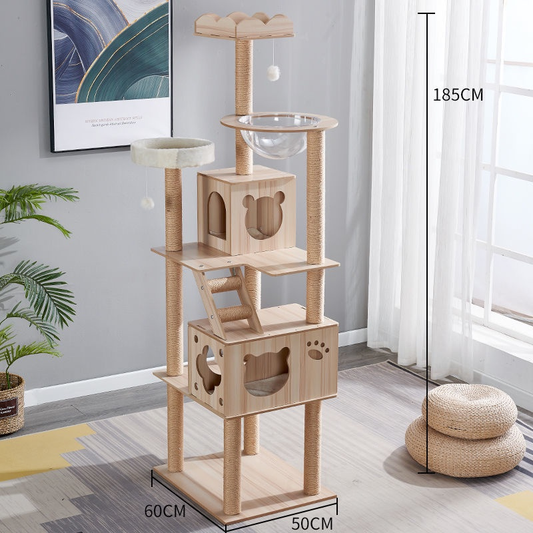 185cm Modern Multi-Level Large Real Solid Wood Cat Tree, Luxury Wooden Cat Tower