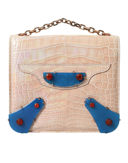 Balenciaga Beige Blue Agate Exotic Leather Gold Chain Purse Bag