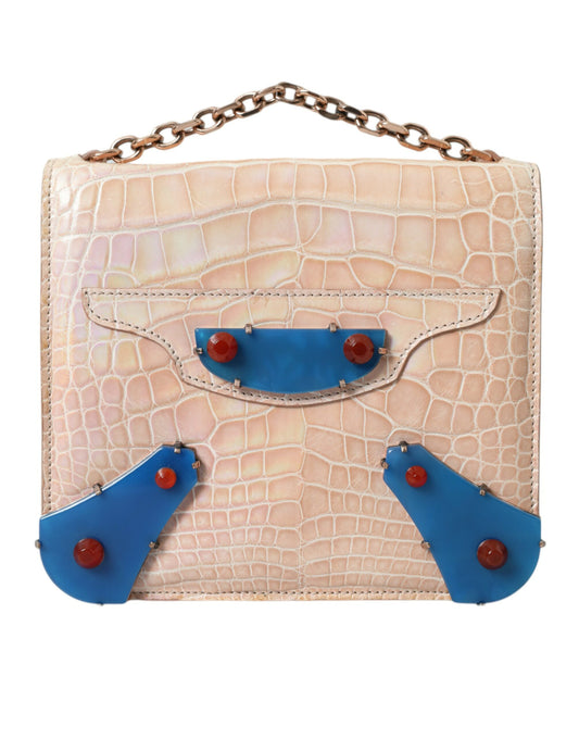 Balenciaga Beige Blue Agate Exotic Leather Gold Chain Purse Bag