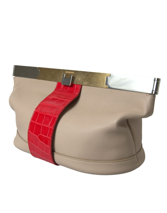 Balenciaga Beige Red Two Tone Exotic Leather Pouch Bag