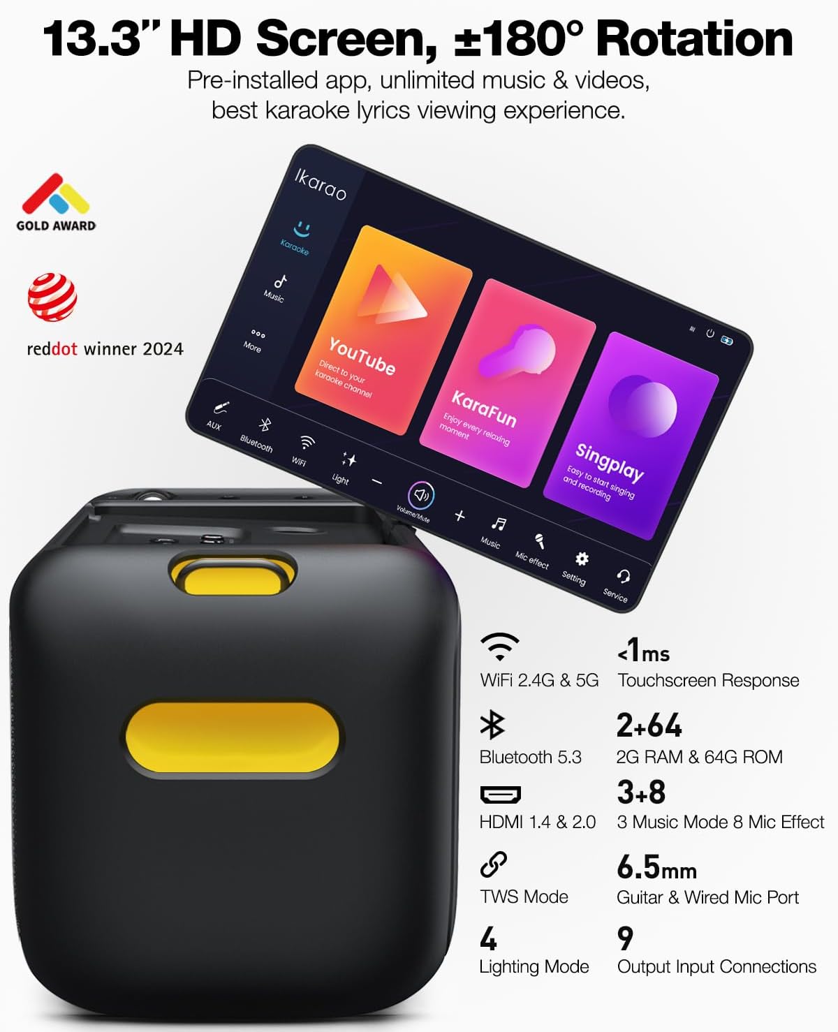 Ikarao Break X1 Karaoke Machine System With 13.3″ Touch Screen Wireless Mic