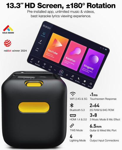 Ikarao Break X1 Karaoke Machine System With 13.3″ Touch Screen Wireless Mic