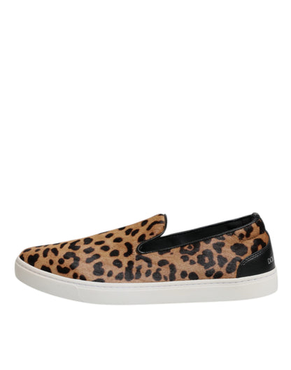 Dolce & Gabbana Brown Calfskin Fur Leopard Sneakers Shoes