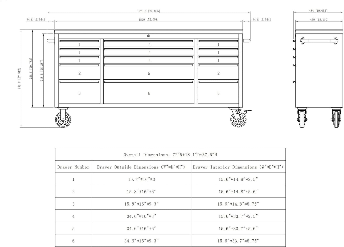 72 Inch 15 Drawers black Tool Chest workbench with wooden top