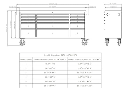 72 Inch 15 Drawers black Tool Chest workbench with wooden top