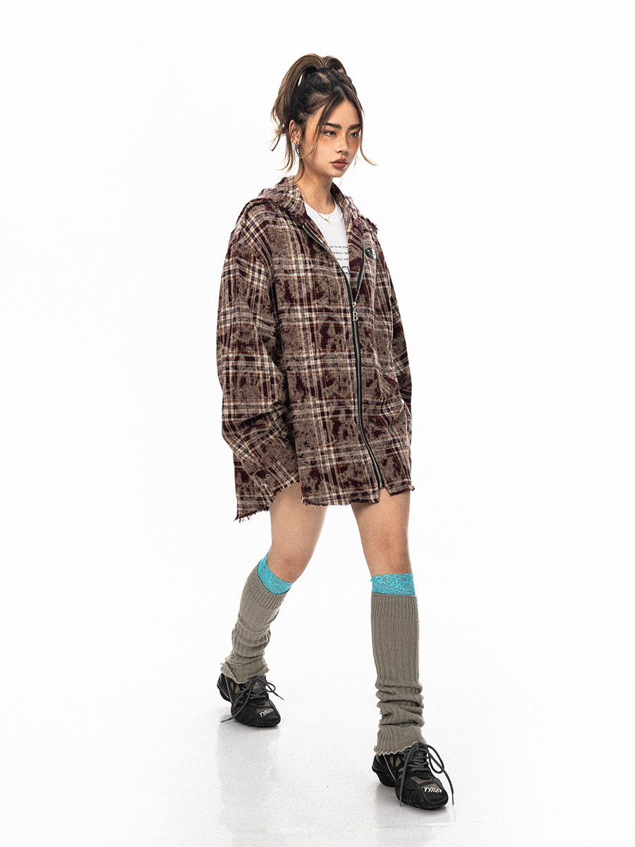 Retro Plaid Hooded Zip Jacket