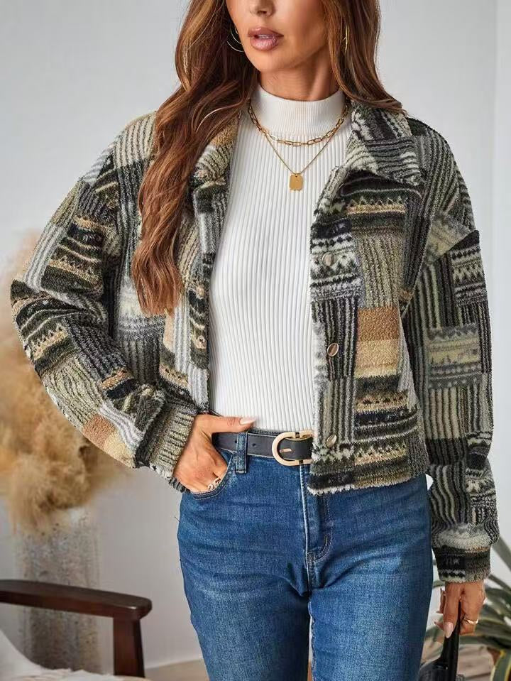 Printed Double-sided Plush Button Cardigan Casual Women's Plush Coat