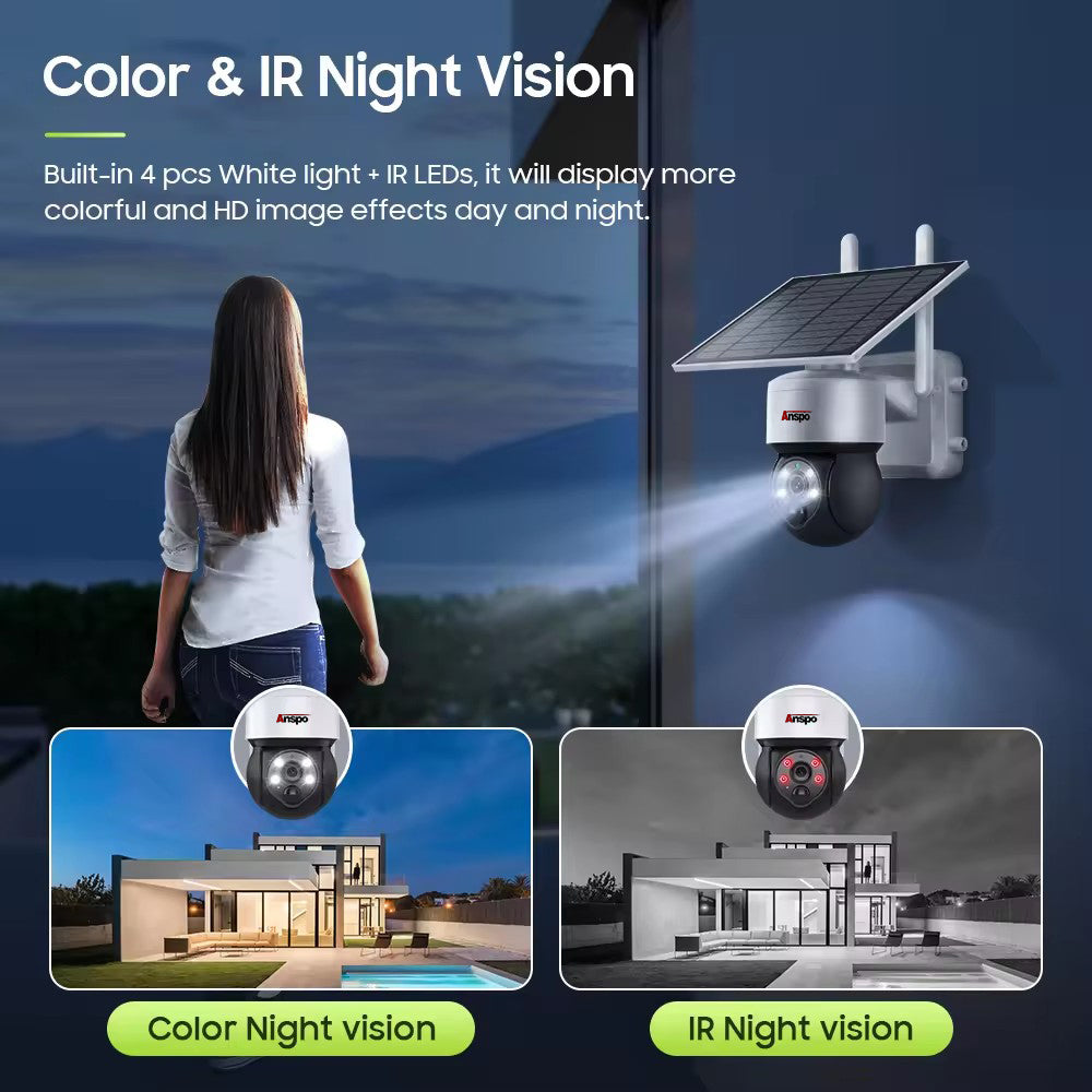 Anspo 4G SIM SOLAR security camera wireless free batteries and 64GB card White