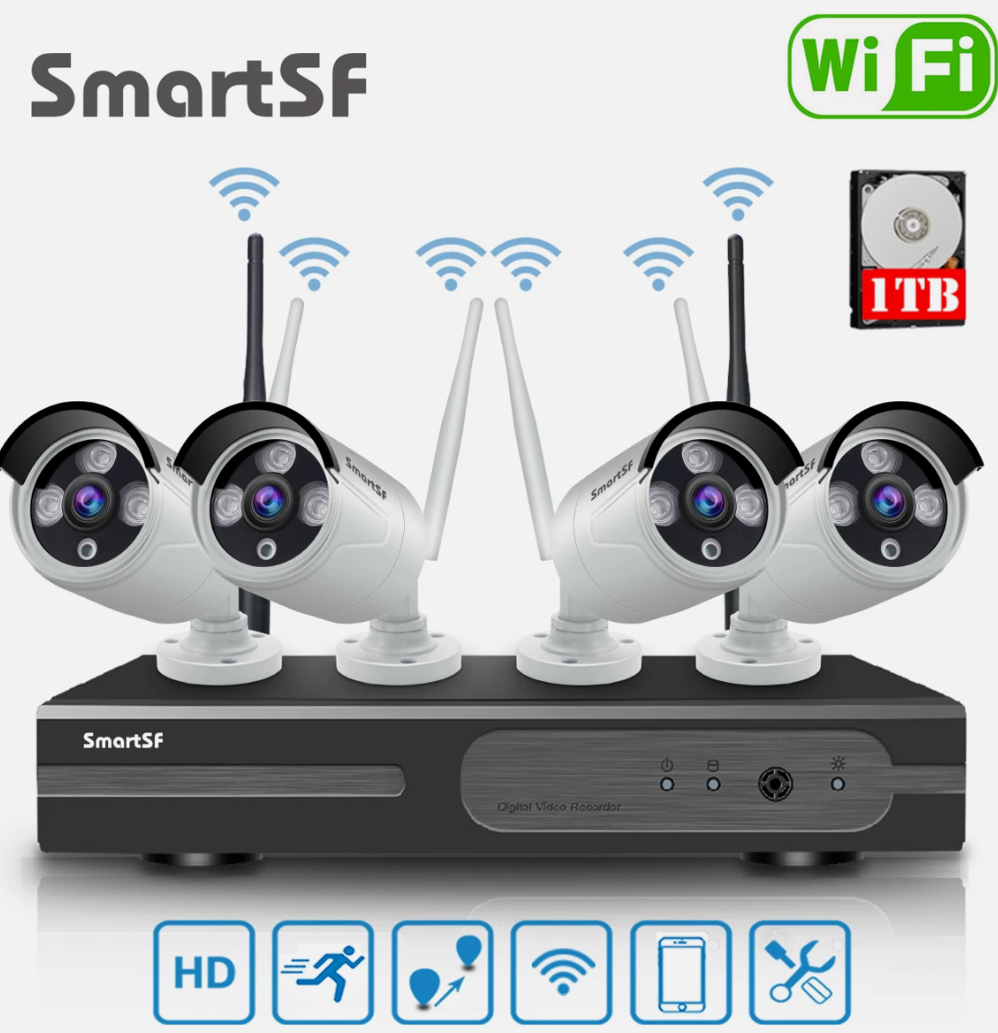 Include 1TB HDD 24hrs recording CCTV wireless security Camera NVR 4CH 1080P