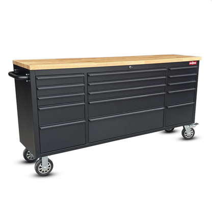 72 Inch 15 Drawers black Tool Chest workbench with wooden top