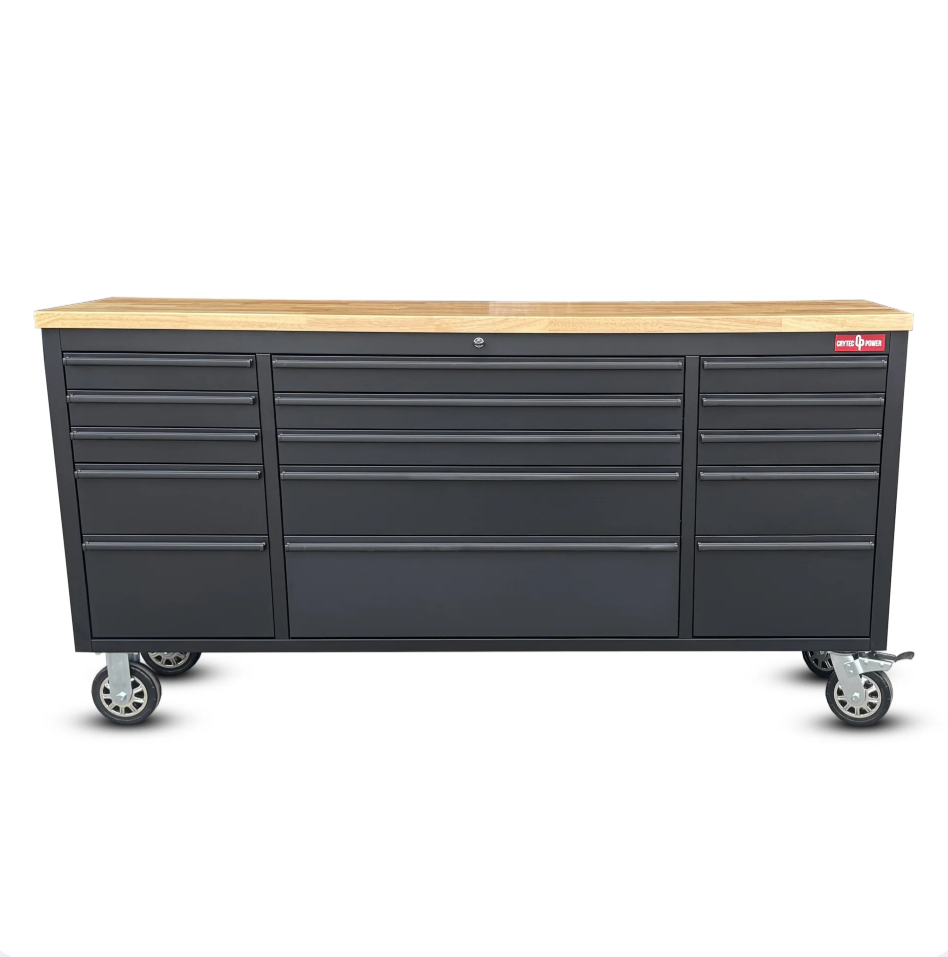 72 Inch 15 Drawers black Tool Chest workbench with wooden top