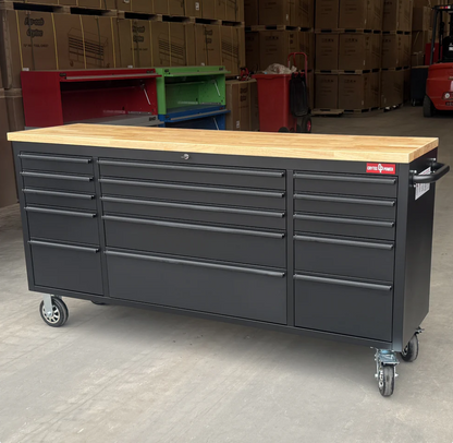 72 Inch 15 Drawers black Tool Chest workbench with wooden top