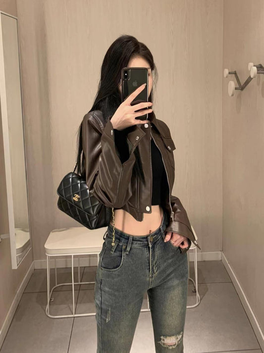 American Retro Sweet Cool Hot Girl Style Coffee Color Leather Coat Motorcycle Jacket Top - SMARTMARTNZ