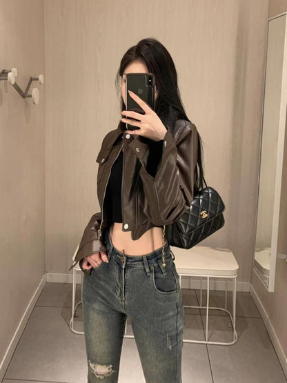 American Retro Sweet Cool Hot Girl Style Coffee Color Leather Coat Motorcycle Jacket Top - SMARTMARTNZ