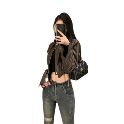American Retro Sweet Cool Hot Girl Style Coffee Color Leather Coat Motorcycle Jacket Top - SMARTMARTNZ