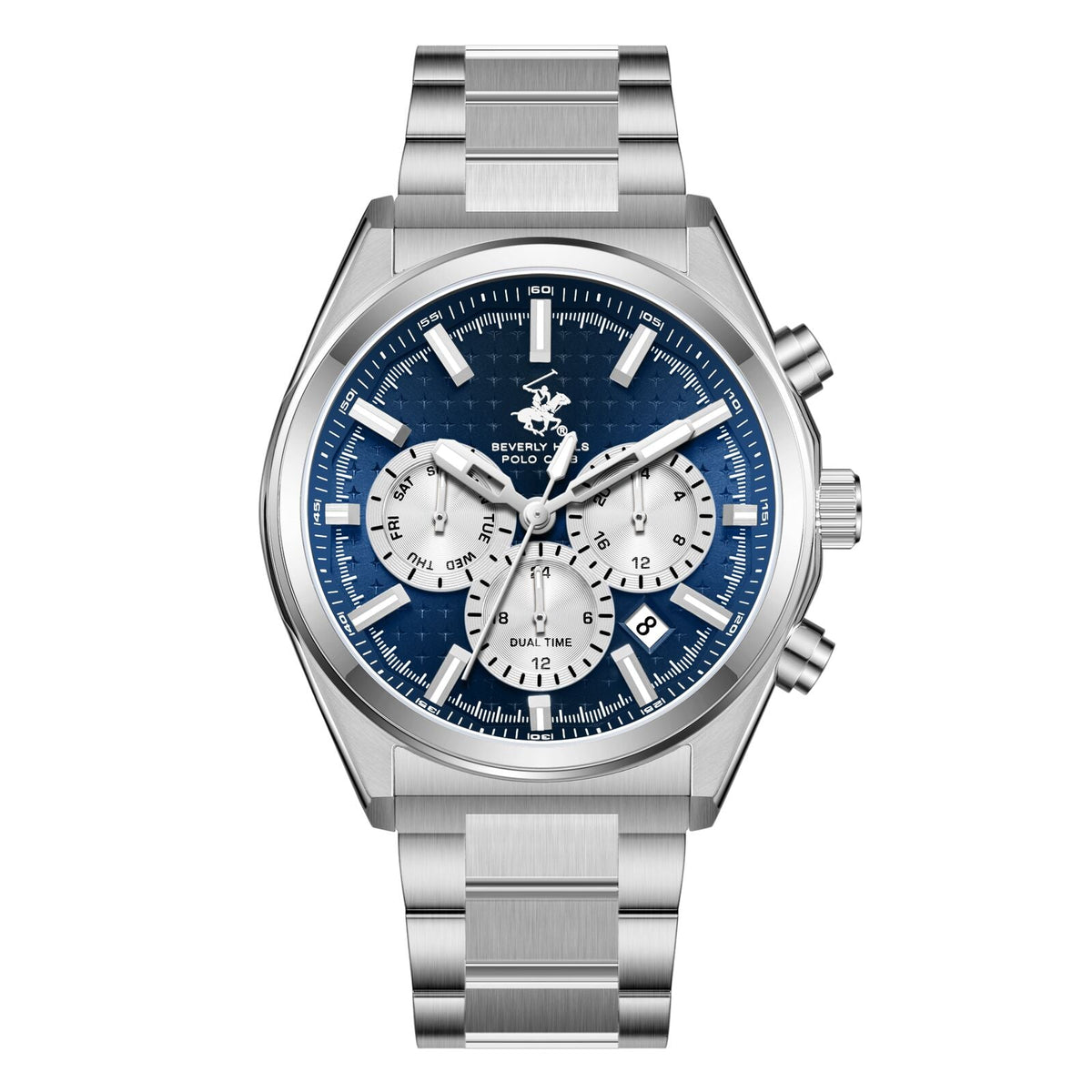 Beverly Hills Polo Club Dual Time Blue Dial Silver Date Watch - BP3831X.390
