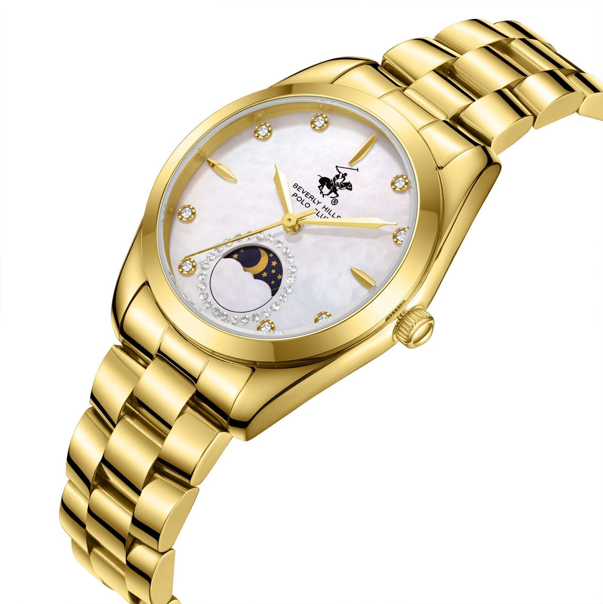 Beverly Hills Polo Club Moonphase Mother Pearl Gold Diamond Watch BP3833X.120