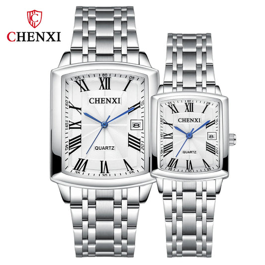 CHENXI 079A Square Couple Quartz Watches – Stainless Steel Strap, Business Casual Design with Calendar for Men & Women - SMARTMARTNZ