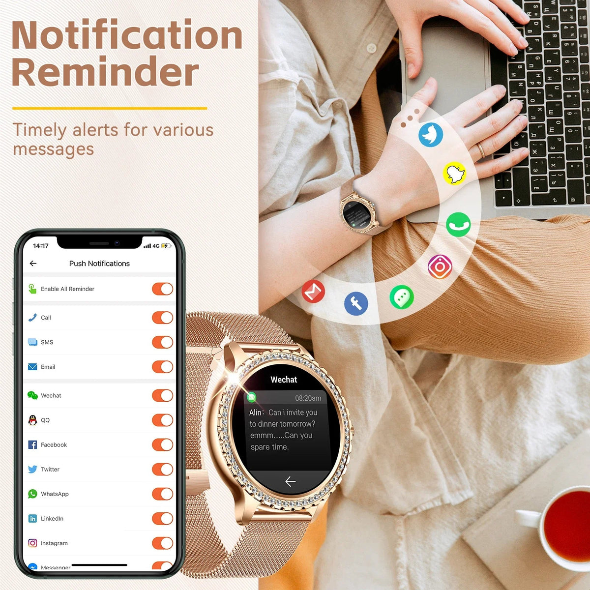 EIGIIS New Smart Watch Women I58 1.32 - inch HD Screen Fashion Sports Watches Bluetooth Call Health Monitor IP67 Life Waterproof - SMARTMARTNZ