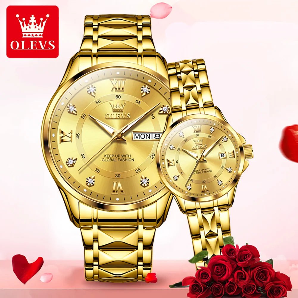 OLEVS Luxury Gold Couple Watch Set – Dual Calendar Stainless Steel Quartz Watches for Men & Women – Waterproof & Luminous Design - SMARTMARTNZ
