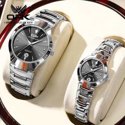 OPK 8105 Classic Couple Watch Set – Waterproof Quartz Watches with Glow Dial, Date & Week Display for Men and Women - SMARTMARTNZ