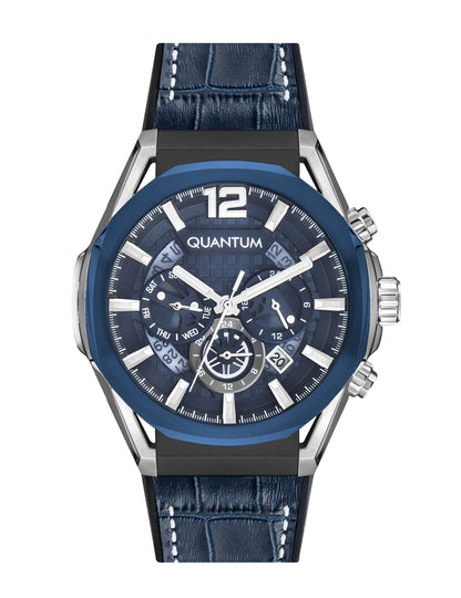 Quantum Powertech Blue Dial Blue Leather Chronograph Silver Case Watch PWG970.699