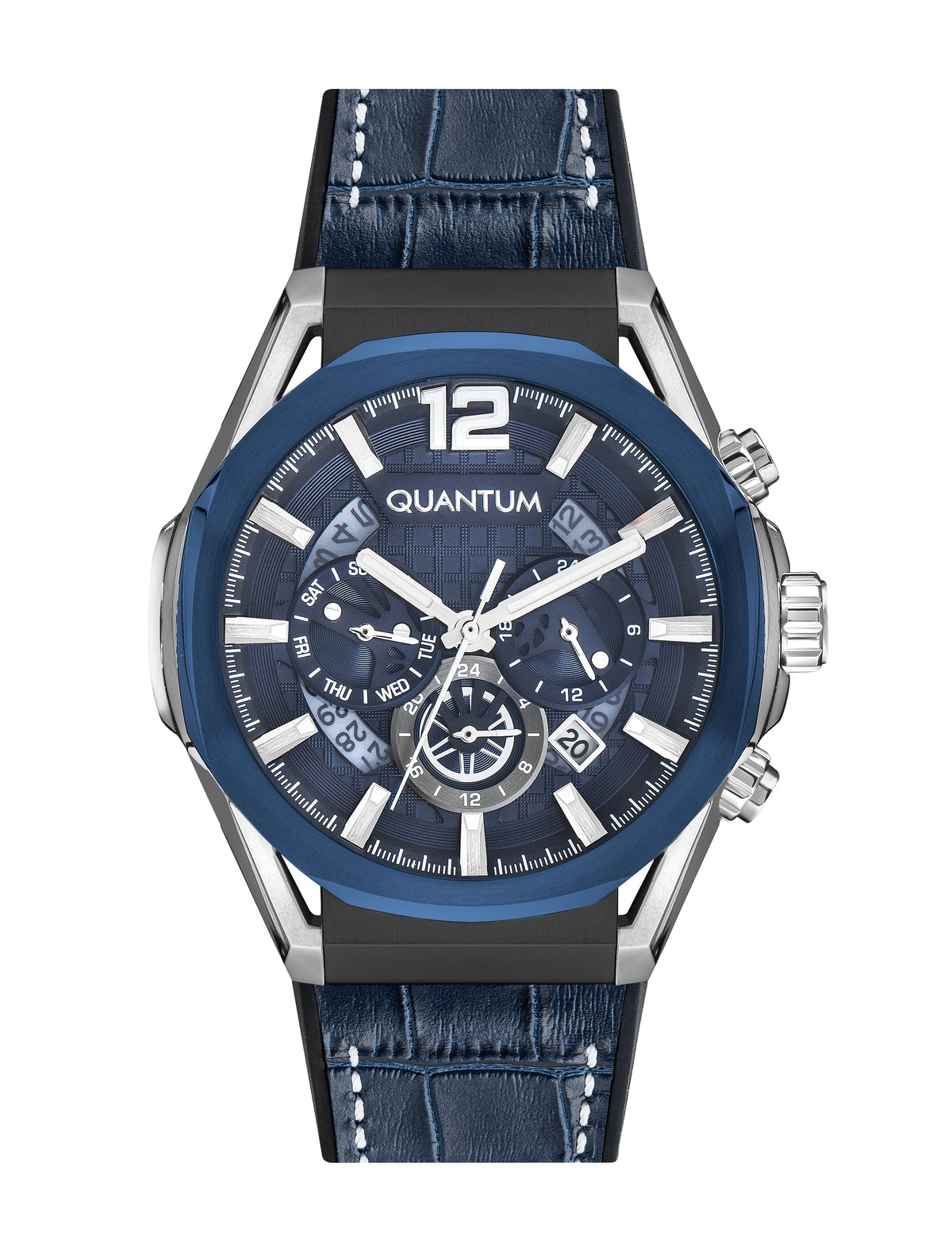 Quantum Powertech Blue Dial Blue Leather Chronograph Silver Case Watch PWG970.699