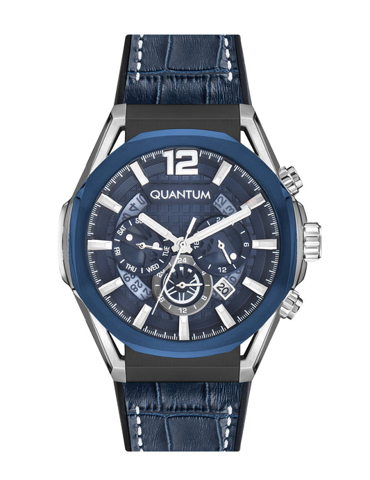 Quantum Powertech Blue Dial Blue Leather Chronograph Silver Case Watch PWG970.699